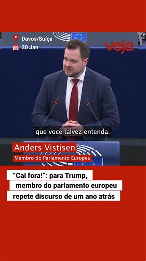 Deputado do Parlamento Europeu, Anders Vistisen discursou no Fórum Econômico Mundial, em Davos, na Suíça, nesta terça-feira, 20 de janeiro, e repetiu parte do discurso que fez no mesmo evento em 2025. Vistisen, mais uma vez, direcionou parte do texto para mandar um recado a Trump: “Deixe-me colocar em palavras que você talvez entenda. Sr. presidente [Trump], cai fora!”, disse o dinamarquês, num momento de crescimento das tensões geopolíticas. Trump intensificou suas ameaças contra a Groenlândia 