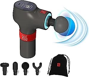 Hi5 Flathead Massage Gun Deep Tissue Percussion for Athletes with 6 Levels Speeds Equipped Smart Light System, Muscle Massager for Pain Relief & Relaxation (4 Head Drawstring Pocket Charcoal)