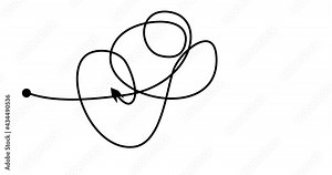 Movement of arrow along trajectory of lines of tangle with scrawl, scribble, circles. Self drawing animation of line chaotic abstract background. Alpha channel. Video 4k for dynamic web design Stock Video