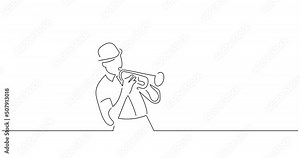 Trumpet player in line art animation. Video footage of musician playing music. Black linear video on white background. Animated gif illustration design.