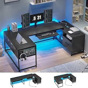 SEDETA L Shaped Gaming Desk, Reversible U Shaped Computer Desk with File Drawer & Power Strip, Computer Desk with LED Lights, Keyboard Tray, Pegboard and Storage Shelf for Home Office, Black