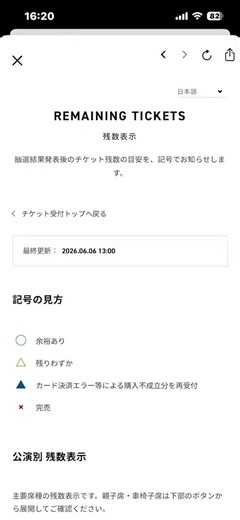 6月６日13時時点のサカナクション透明ツアー🎫残数。一次でコレですので二次でsold out予想。トレード以外の🎫譲りますは詐欺です。騙されないで！！