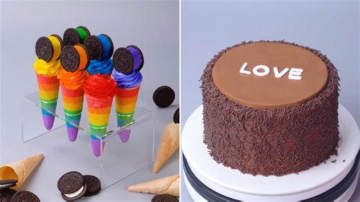 Colorful dessert cones and chocolate cake display