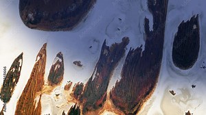 Australia Great Sandy Desert, aerial satellite view, night to day shadow moving on land. Contains public domain image by NASA