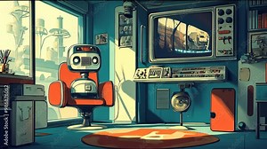 Exploring a retro futuristic room with a robot and vintage technology in a vibrant setting