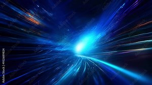 Projection view of time dimension travel with speed. Blue energy ray particles moving in dark space. Abstract background of light particles. Blue energy network in the starry universe. 4K