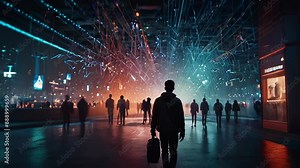 Man with digital code overlay. Ai learning, data and technology future, digital tech education, cybersecurity and digital marketing.