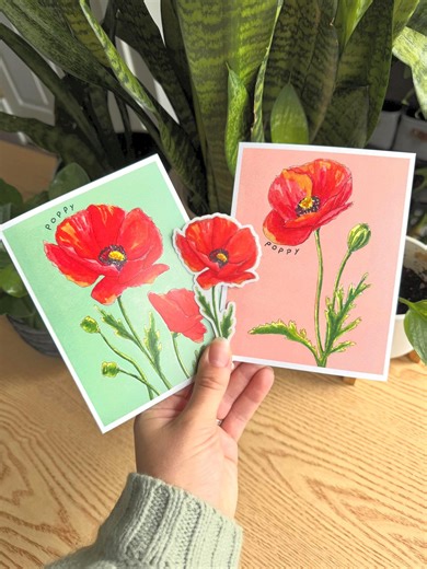 Poppy Gift Set | 2 Greeting Cards + Matching Transparent Vinyl Sticker | Watercolor Floral Stationery Set - Etsy