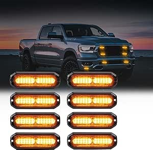 WINECO Amber led strobe lights for trucks 8pcs 12-LED Surface Mount Flashing Strobe Lights kit for Trucks Car Vehicles LED Mini Grille Grill Strobe Light Head Emergency Hazard Warning lights
