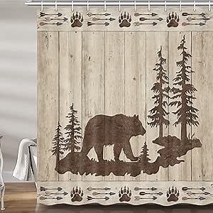 DYNH Bear Shower Curtains for Bathroom, Wild Animals Rustic Cabin Forest Bath Curtain Set, Bear Print Wooden Board Fabric Bathroom Accessories Restroom Decor 12 Hooks Included (72" W X 75" H)