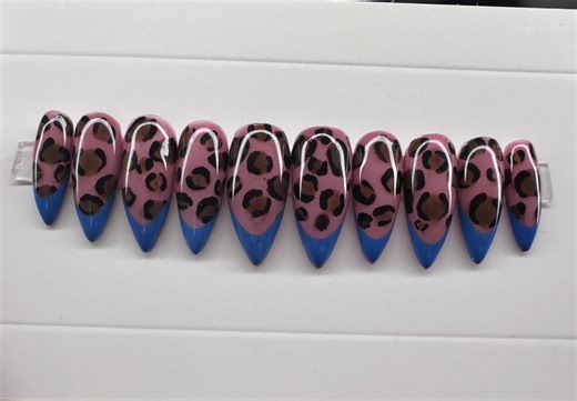 Blue French Tip Leopard Print Stiletto Press on Nails - Etsy