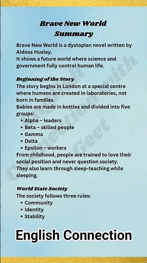 Brave New World Short Summary for Exams | Aldous Huxley | Dystopian Novel Summary #shortsfeed