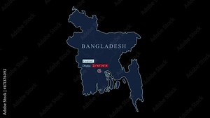 Blue stylized Bangladesh map with Dhaka capital city and geographic coordinates on black background. Motion graphic vfx digital animation