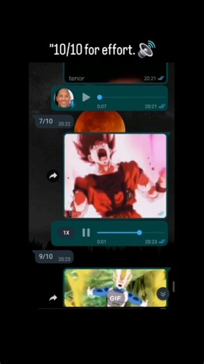 Zero.Context on Instagram: "The video shows a humorous screen recording of a WhatsApp chat with a contact named Daniel, where the user is "rating" various Dragon Ball GIFs by responding with intense, high-pitched vocal impressions of the characters' screams. For each iconic transformation or attack shown in the GIFs—featuring characters like Jiren, Goku, Vegeta, and Frieza—the user sends a voice note that mimics the character’s yelling, often including a numerical rating (e.g., 6/10, 8/10, 10/10