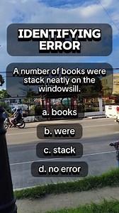 IDENTIFYING ERROR A number of books were stack neatly on the windowsill. a. books b. were c. stack d. no error #grammar #grammarchallenge #grammartips #grammarmatters #sentencestructure #learnenglish #learnonfacebook #englishlearning | Learn English