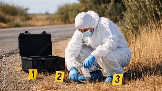 Forensic investigator collects evidence at a roadside crime scene