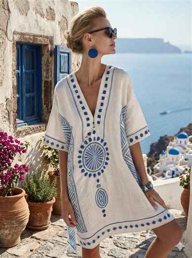 Embroidered Linen Dress, Boho Greek Beach Outfit, Summer Resort Tunic Dress, Vacation Wear - Etsy