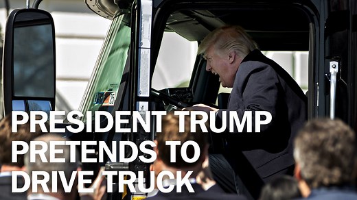 President Donald J. Trump pretends to drive a truck on the White House lawn. | TIME