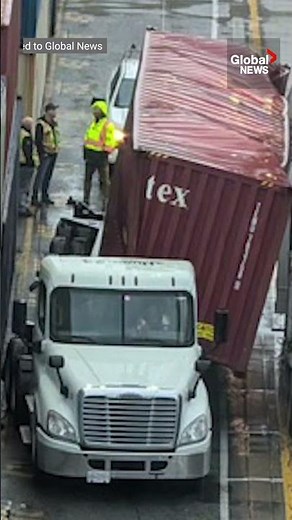Knocked over shipping container smashes truck at BC port