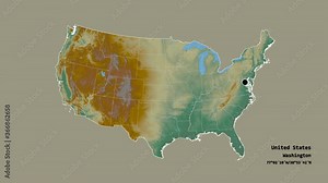 New Hampshire, state of United States mainland, with its capital, localized, outlined and zoomed with informative overlays on a relief map in the Stereographic projection. Animation 3D