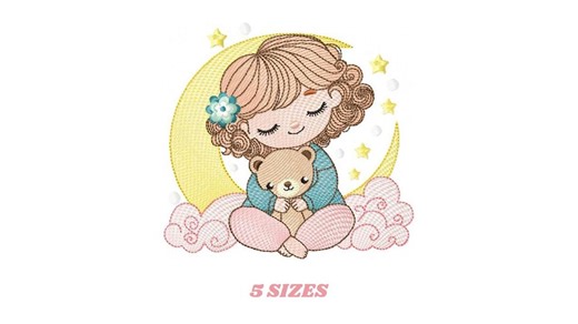 Baby Girl With Moon Embroidery Designs - Girl With Short Hair Machine Embroidery Pattern - Princess With Teddy Bear File - Instant Download - Etsy UK