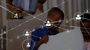 Network of connections and data processing animation over people packing boxes