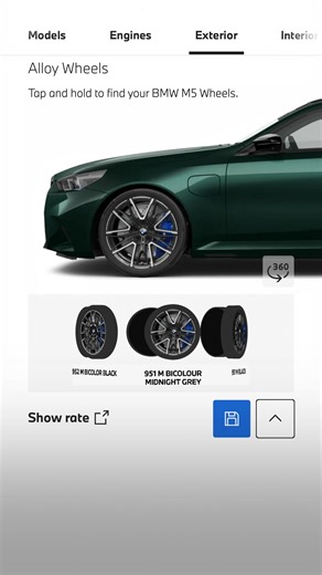 New wheels for the M5? Which ones would you pick? #BMW #BMWM Paint finish shown: BMW Individual special paint British Racing Green. Explore the BMW Individual Visualizer to see more BMW Individual colour options: https://brnw.ch/21wZ5dJ BMW M5 Sedan. Mandatory information according to German law 'Pkw-EnVKV' based on WLTP: energy consumption weighted combined: 17.6-17.2 kWh/100 km and 5-4.8 l/100 km; CO₂ emissions weighted combined: 114-108 g/km; CO₂ classes: with discharged battery G; weighted c