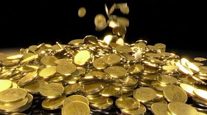 Falling coins. High quality animation of falling coins. This is one dollar gold coins. Animation generated in great 3D physics system. On the top we see the beam of light for mystical atmosphere.