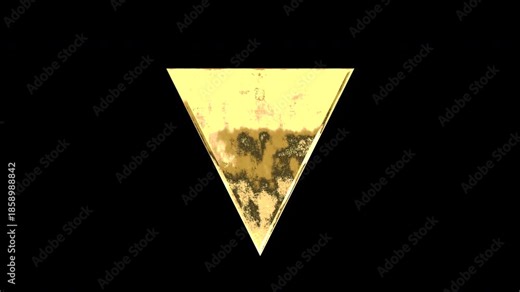 Gold solid inverted triangle symbol, light reflecting and patterns shifting, alpha channel