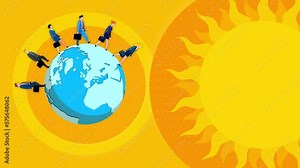 Businessmen and businesswomen walking around earth. Business cartoon globe animation metaphor. Seamless character and earth loop. Business, climate, greenhouse effect, etc...