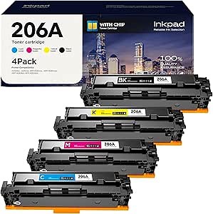 iNKPAD 206A Toner Cartridges 4 Pack (with Chip)丨W2110A Compatible with HP 206A 206X for HP Color LaserJet Pro MFP M282nw M283fdw M283fdn M283cdw Pro M255dw M255nw Printer丨W2111A W2112A W2113A（B/C/M/Y)