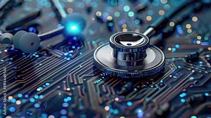 Electronic medical technology concept. Digital health technology. Stethoscope on a digital circuit board. High tech medical equipment for global telemedicine. Technology background. Modern medicine