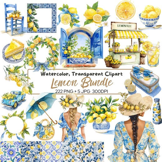 Amalfi Lemon Watercolor Clipart Bundle, Italian Summer Citrus Graphics (Digital Download)