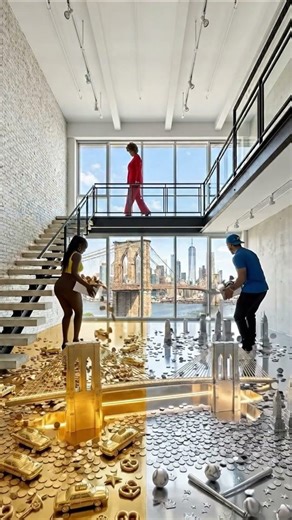 This Double Layered Floor is Incredible 🌉💛🩶 Epoxy Luxury Brooklyn Bridge Glass Floor 🤯 #diy