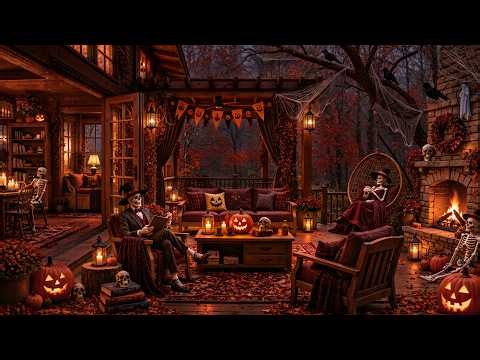 Fireplace Jazz Halloween Ambience 🎃 Spooky Jazz Music, Forest Porch, Pumpkin Glow & Fall Nights