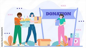 people volunteering at a donation center collecting and organizing goods for charity promotes community service and teamwork illustration animated video