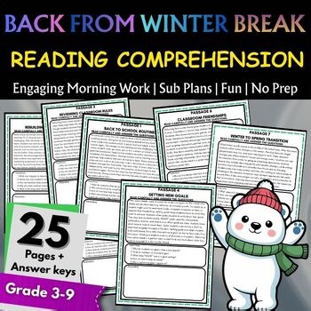 January Back From Winter Break Reading Comprehension Passages 4th,5th,6th,7th8th