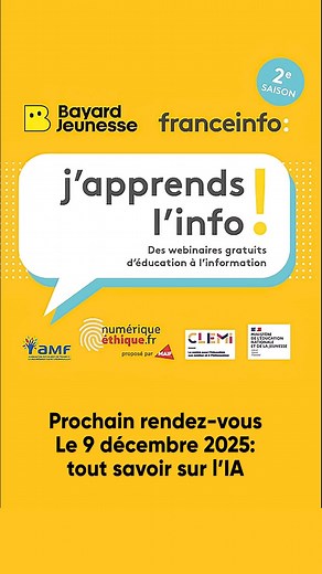 🎥 Retour sur les deux webinaires "Salut l’info !" du 14 octobre ! Des élèves du cycle 2 à la 3e ont vécu une immersion unique dans les coulisses du journalisme, aux côtés de journalistes de Franceinfo, Astrapi et Okapi. Entre enquêtes, interviews et décryptage des influenceurs, ils ont appris à mieux comprendre les médias… et à s’en emparer ! 🕵️‍♂️ Le matin, les élèves de cycles 2 et 3 ont découvert les bases du métier de journaliste avec Estelle Faure, Agathe Welcomme et Dorothée Ollieric : c