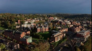 West Virginia University - aerial approach toward campus in Morgantown, WV
