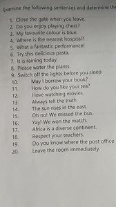 Examine the following sentences and determine their type (decla... | Filo