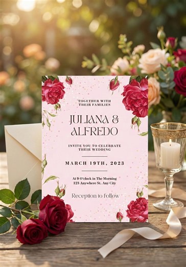Pink & Red Rose Wedding Invitation Template - Vintage Floral Printable Invite - Editable in Canva - Etsy