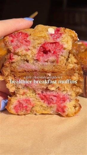 White chocolate raspberry healthier muffins! Full recipe in the comments #easyrecipe #baking #recipe