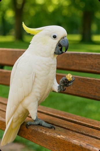 “Cute cockatoo” Sulphur-crested Cockatoo Eating on a Park Bench Will Melt Your Heart!
