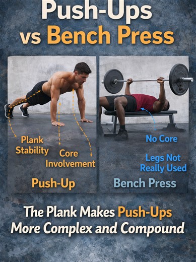The push-up isn’t “just” a chest exercise. Once you add the plank, it becomes a full-body problem. Scapular control. Core stiffness. Pelvic position. Force transfer from the ground up. The bench press removes most of those variables so you can focus on output. The push-up keeps them in, so you have to organize your body first. Different tools. Different jobs. If you can’t control your bodyweight in space, loading a barbell won’t fix that. Train both — just know why you’re choosing each. #Compoun