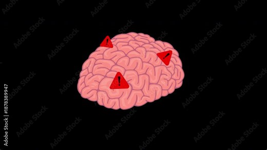 Human brain organ with red warning exclamation marks depicting health crisis or stroke symptoms animation on transparent background