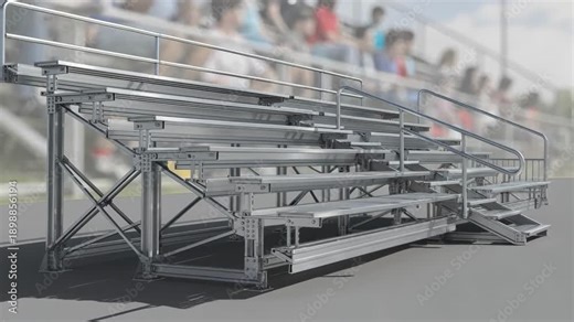 Installation of stacked aluminum bleachers with main frame details sharp and crowd movement faded in the backdrop.