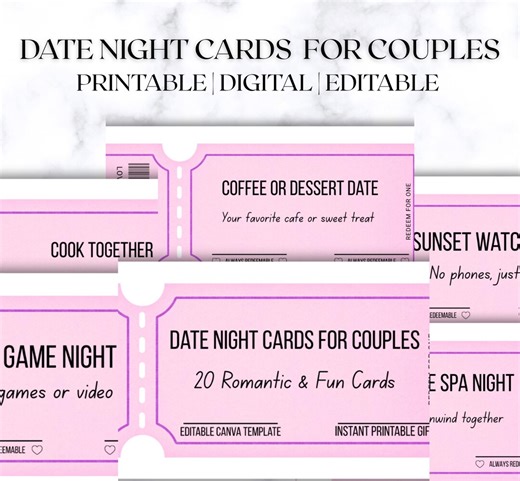 Date Night Cards for Couples | 20 Fun & Romantic Date Ideas | Editable Canva Template | Instant Download - Etsy