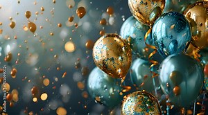 Celebration background concept with blue, golden, balloons and confetti. Happy Birthady, Anniversary or Christmas background with copy space.