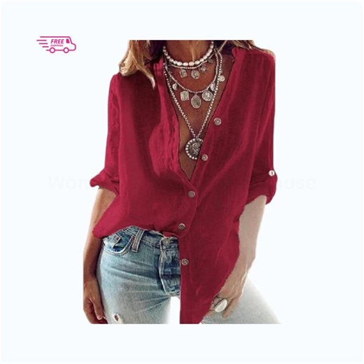 Cotton Linen Blouse, Long Lantern Sleeve V Neck Top, Plus Size - Etsy