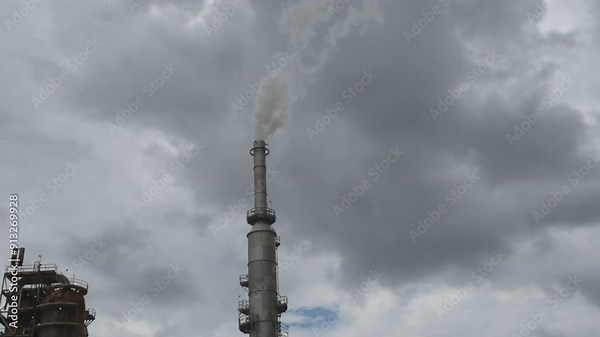 Working gas flare or flare stack with clouds of exhaust fumes under overcast sky from crude oil refinery plant in San Antonio, Texas, major source of air pollutants part of refined petroleum
